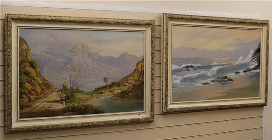 Jan N Lé Maitre, pair of oils on canvas, Mountain landscape and Waves breaking on the shore, signed, 60 x 91cm